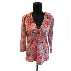 CHAPS Denim Paisley Ruffle XL Boho Lace-Up Blouse Romantic Western Festival G15